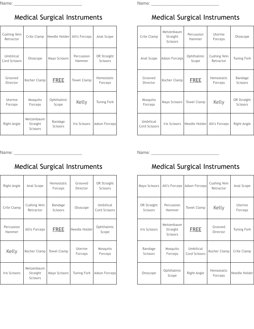 Medical Surgical Instruments Bingo Cards