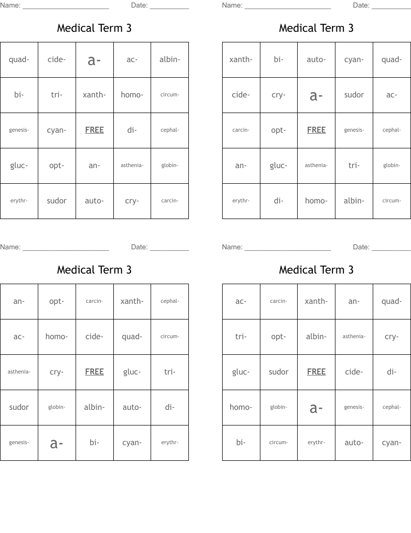 Medical Term 3  Bingo Cards