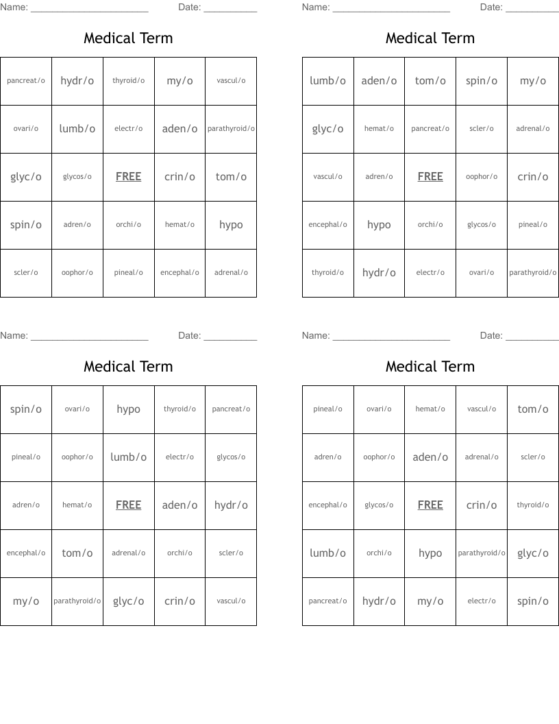 Medical Term Bingo Cards