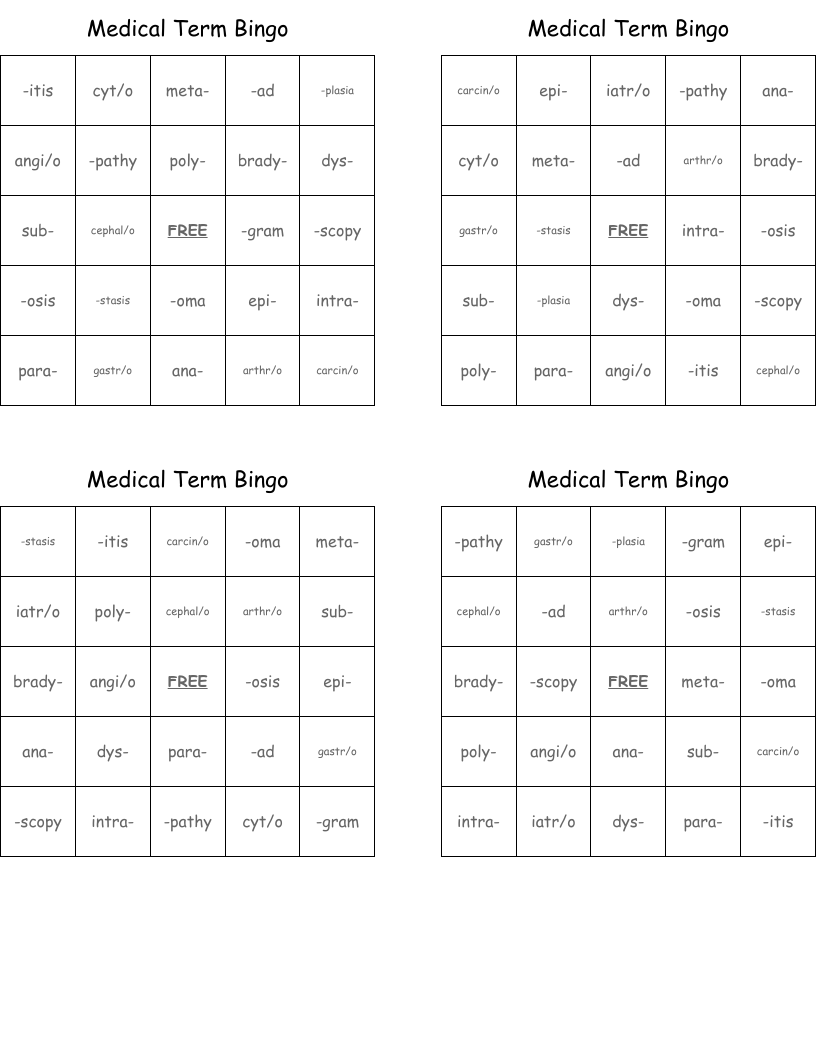 Medical Term Bingo 