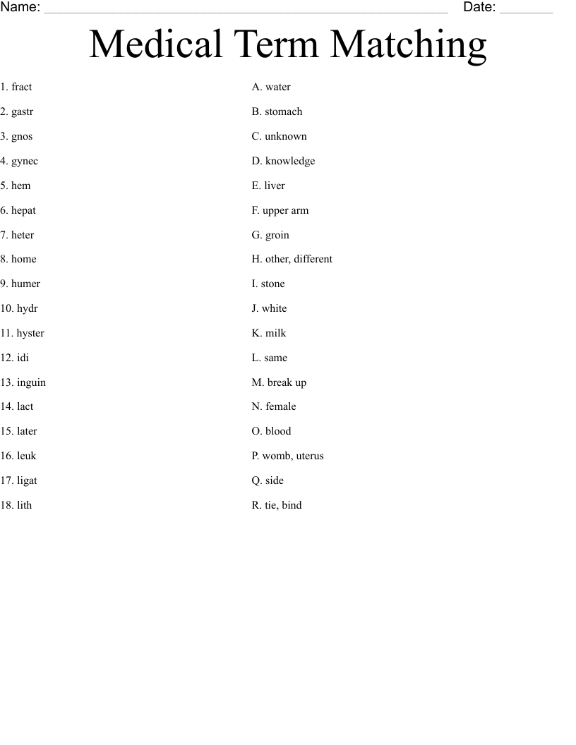 Medical Term Matching  Worksheet