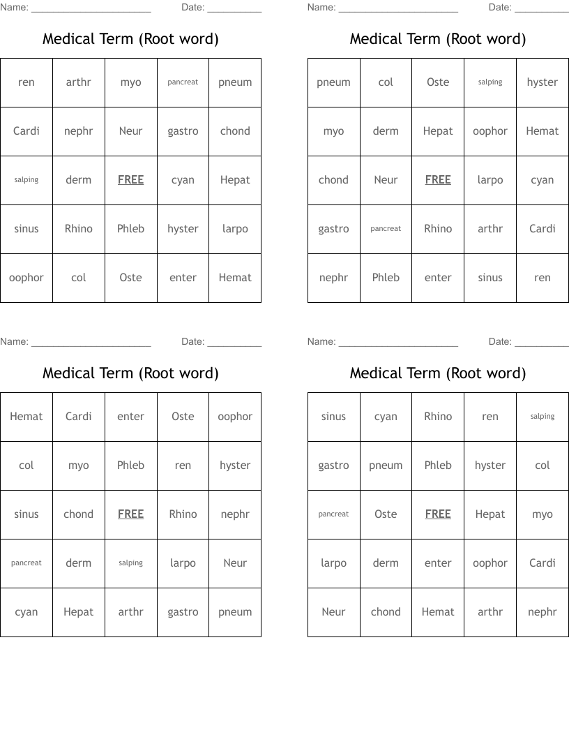 Medical Term (Root word) Bingo Cards