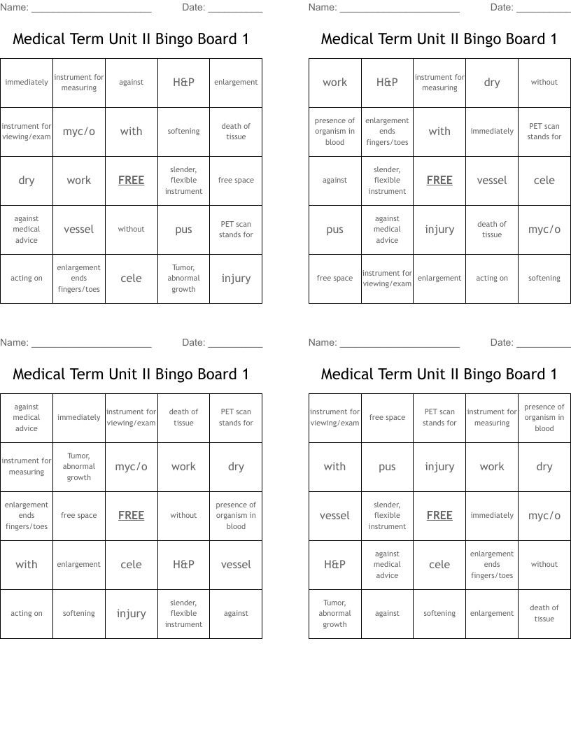 Medical Term Unit II Bingo Board 1