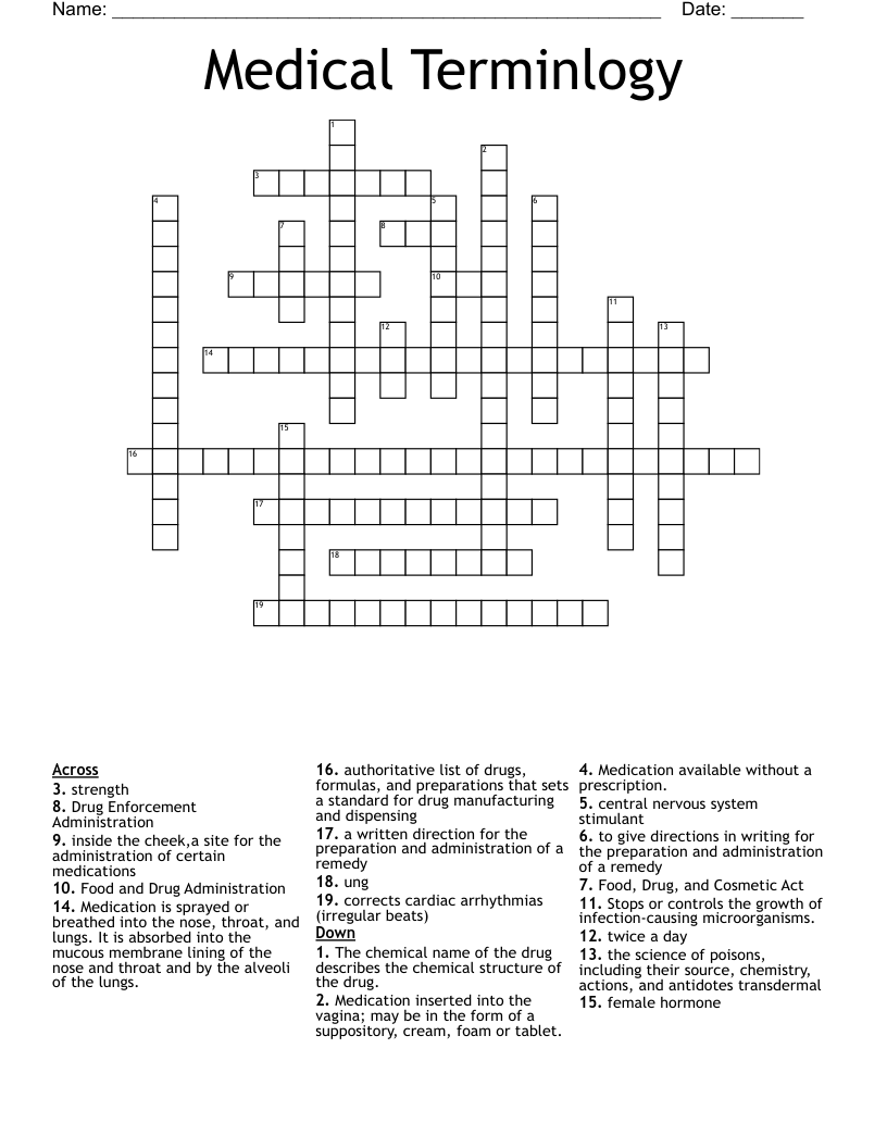 Medical Terminlogy Crossword