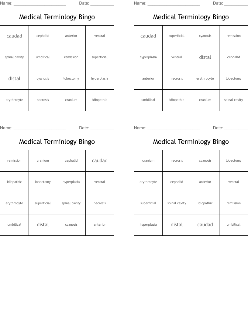 Medical Terminlogy Bingo