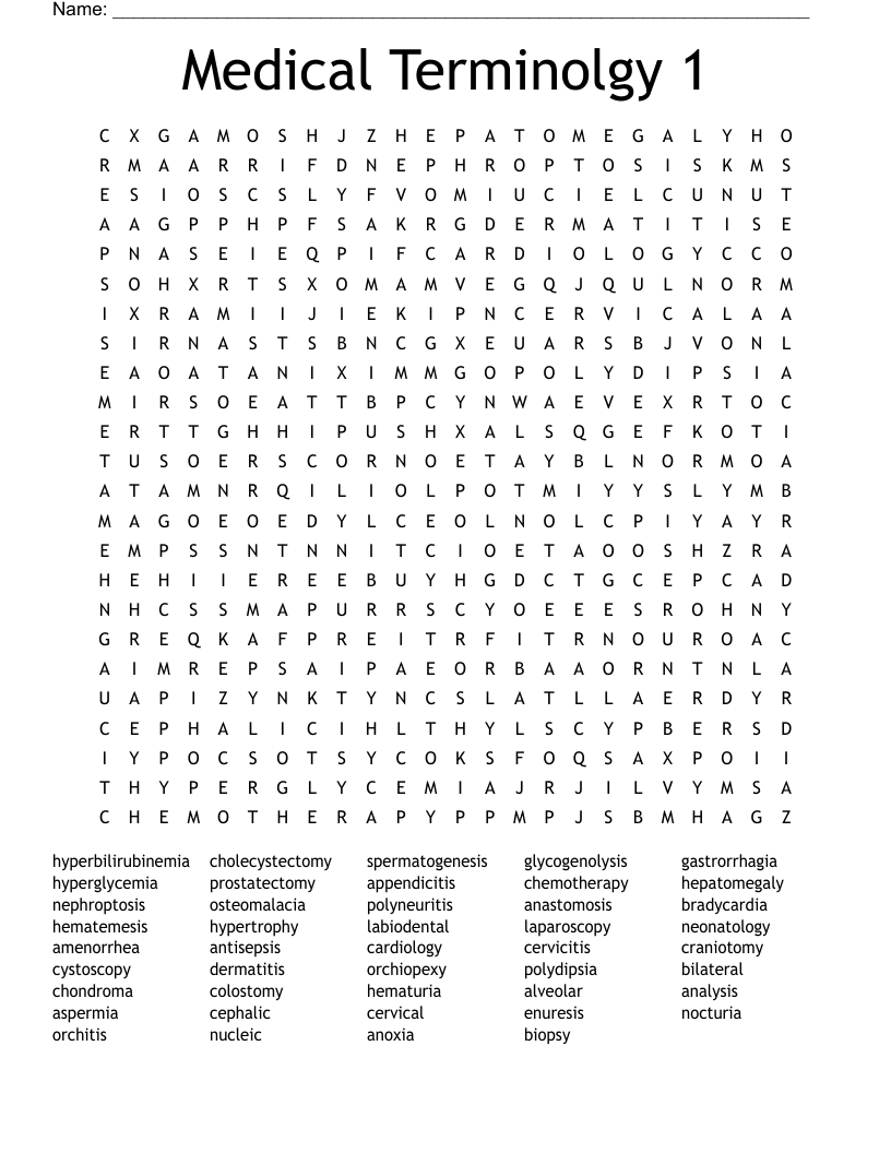 Medical Terminolgy 1 Word Search
