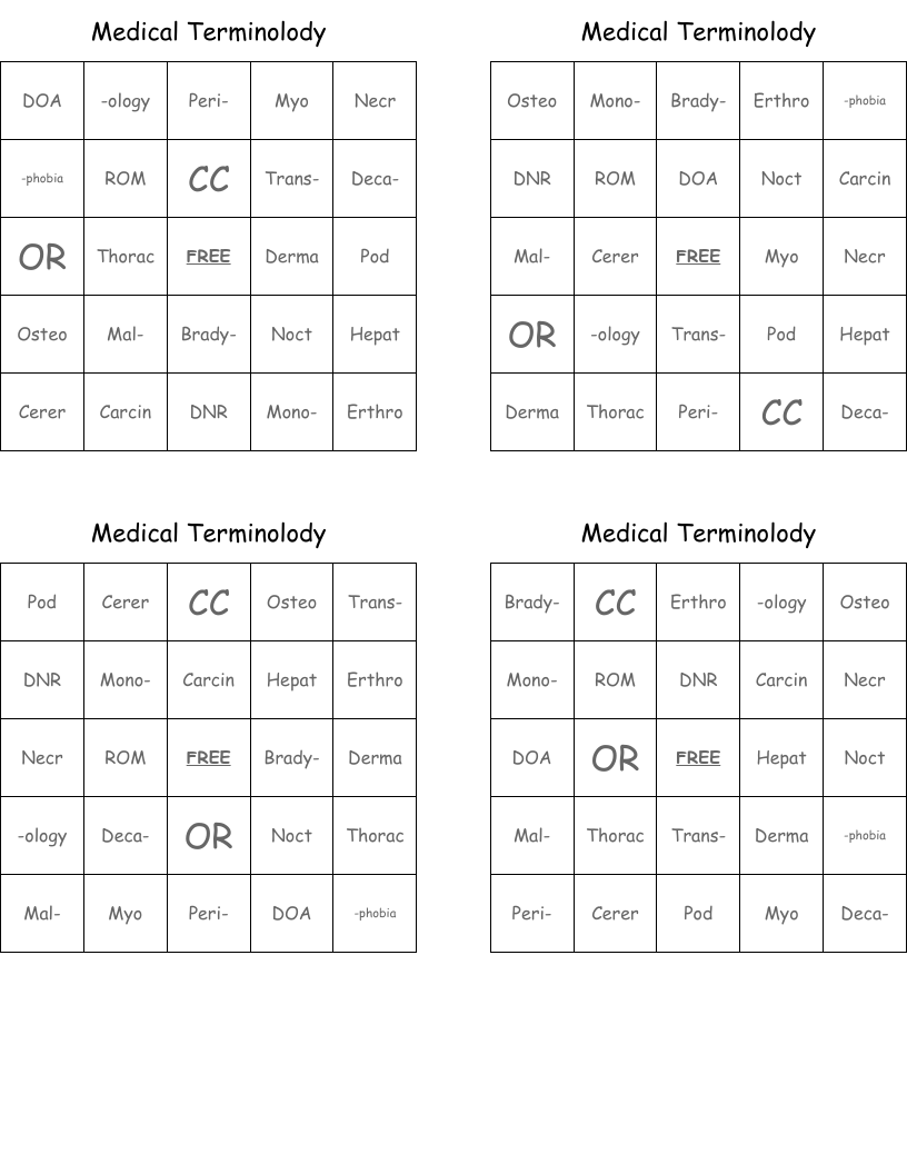 Medical Terminolody Bingo Cards