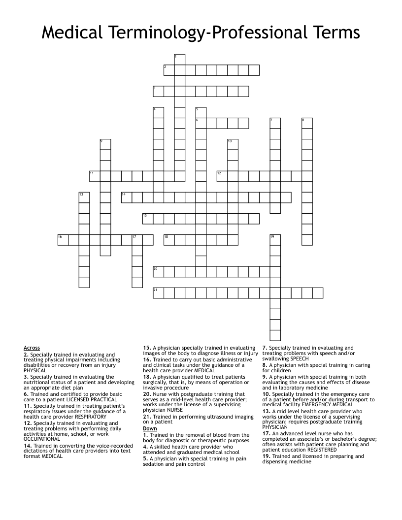 Medical Terminology-Professional Terms Crossword
