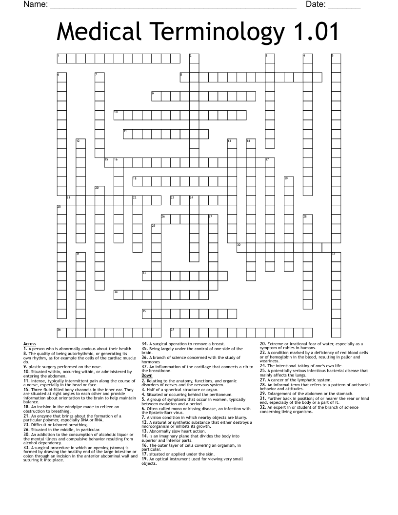 Medical Terminology 1.01 Crossword