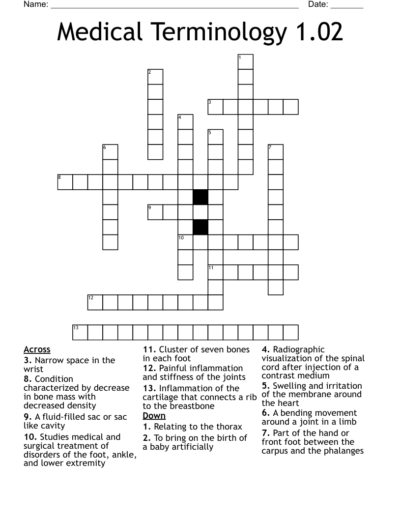 Medical Terminology 1.02 Crossword