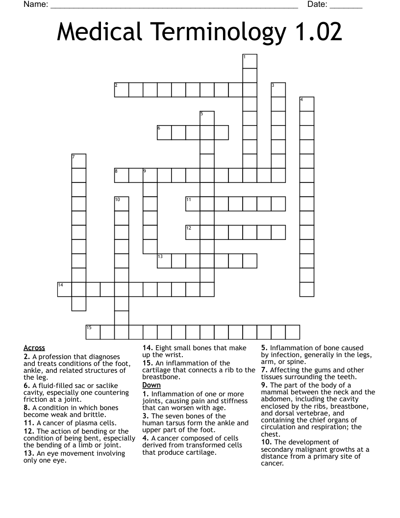 Medical Terminology 1.02 Crossword