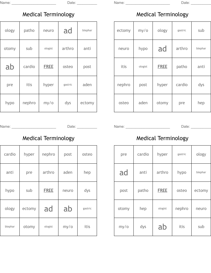Medical Terminology Bingo Cards