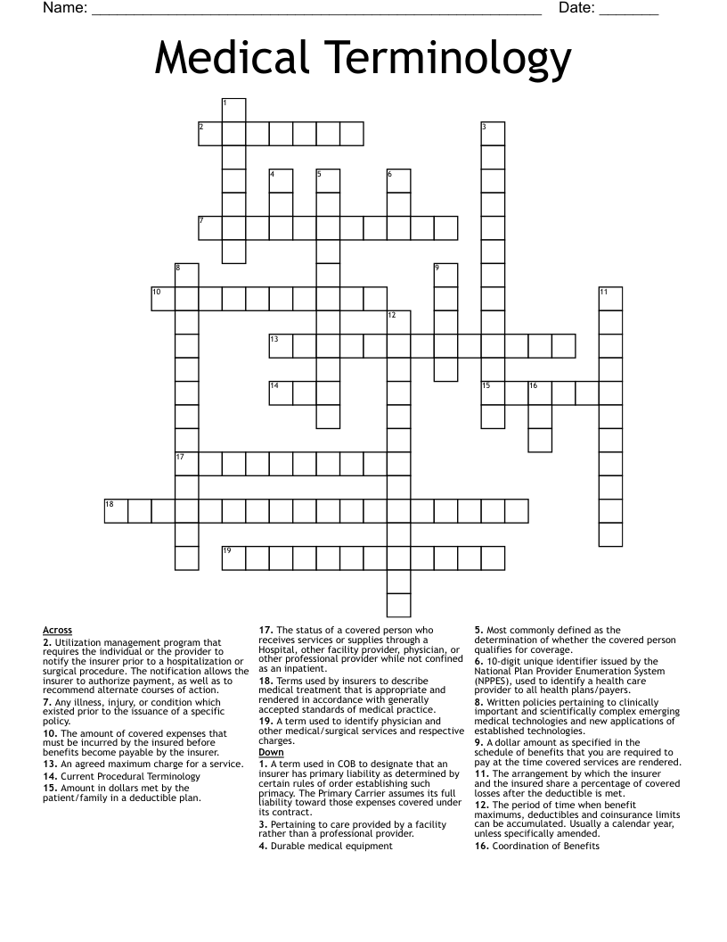 Medical Terminology Crossword