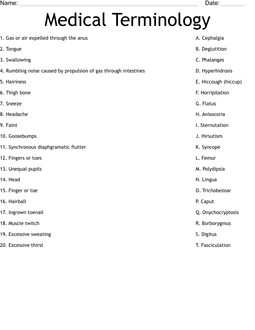 Medical Terminology Worksheet
