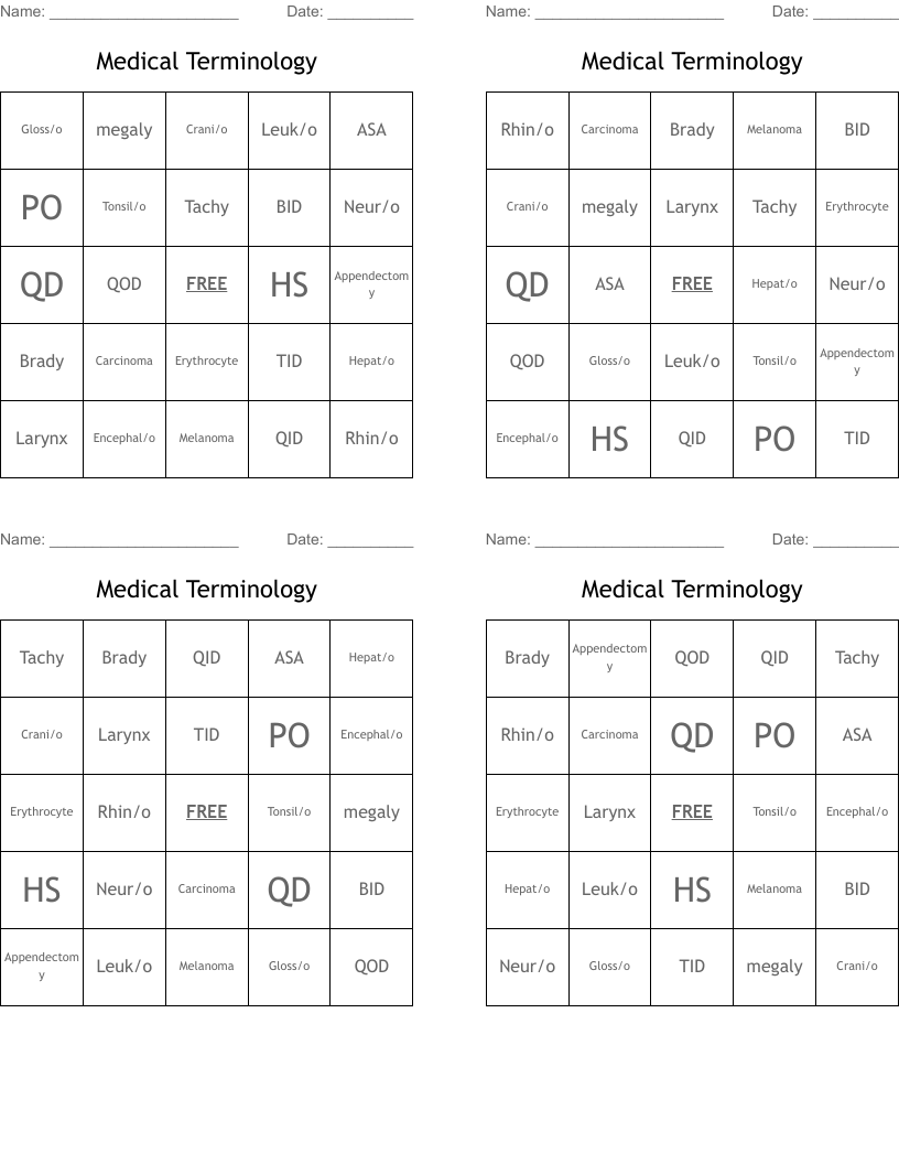 Medical Terminology Bingo Cards