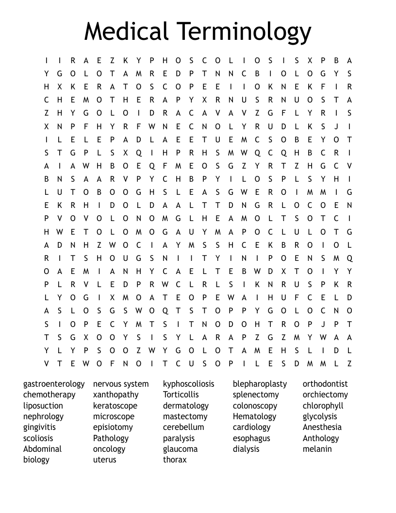 Medical Terminology Word Search