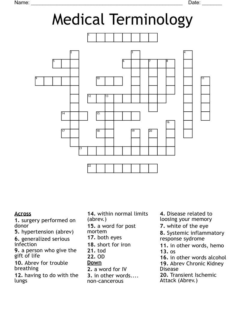 Medical Terminology Crossword