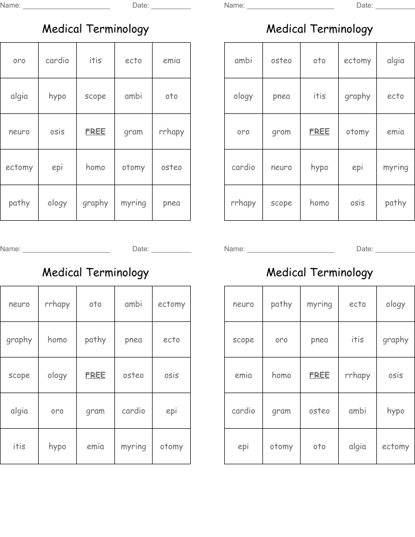 Medical Terminology Bingo Cards