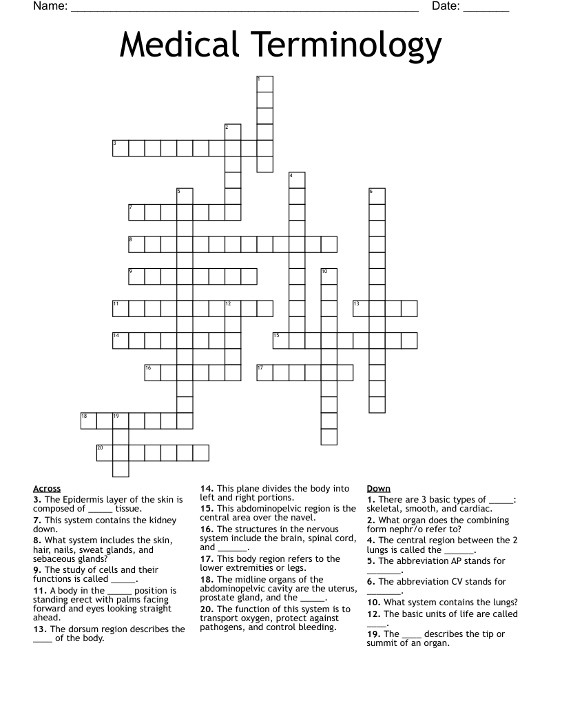 Medical Terminology Crossword
