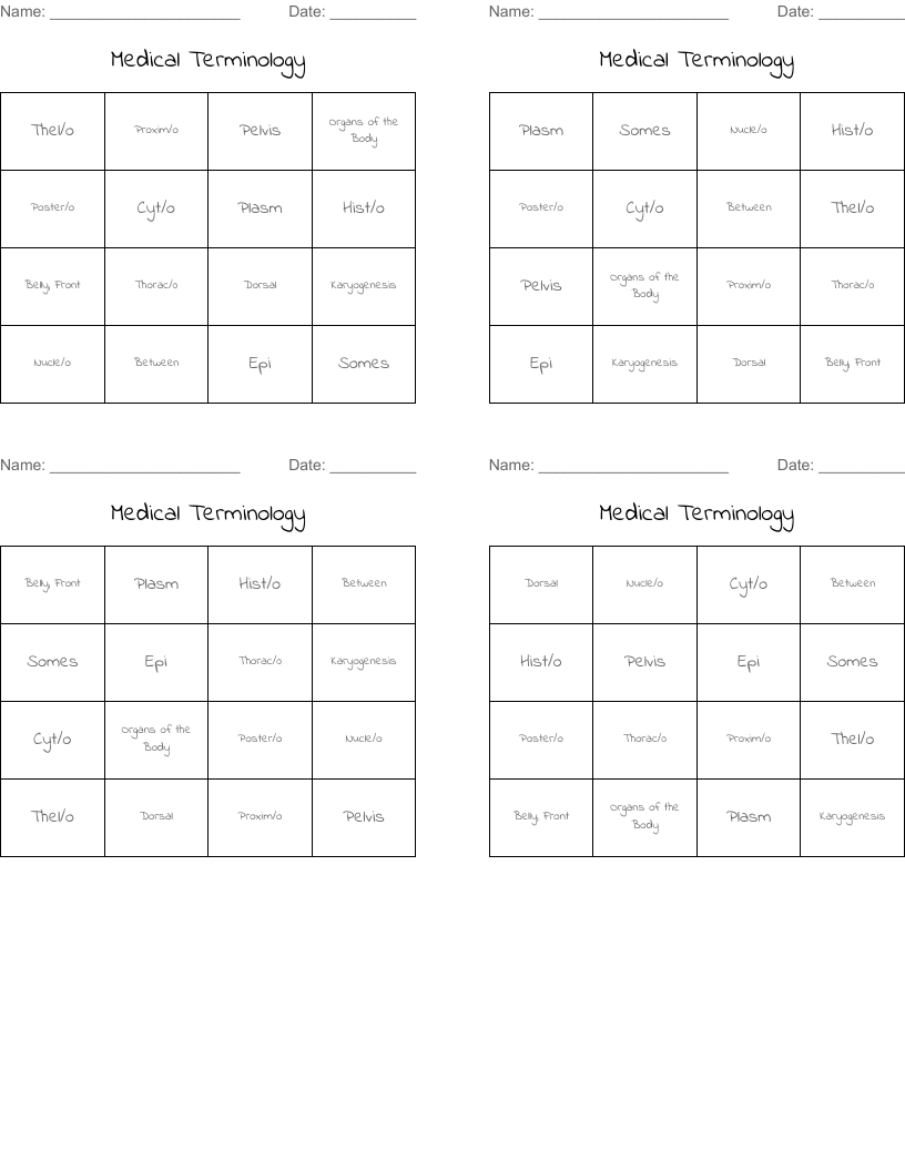 Medical Terminology Bingo Cards