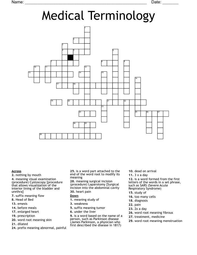 Medical Terminology Crossword