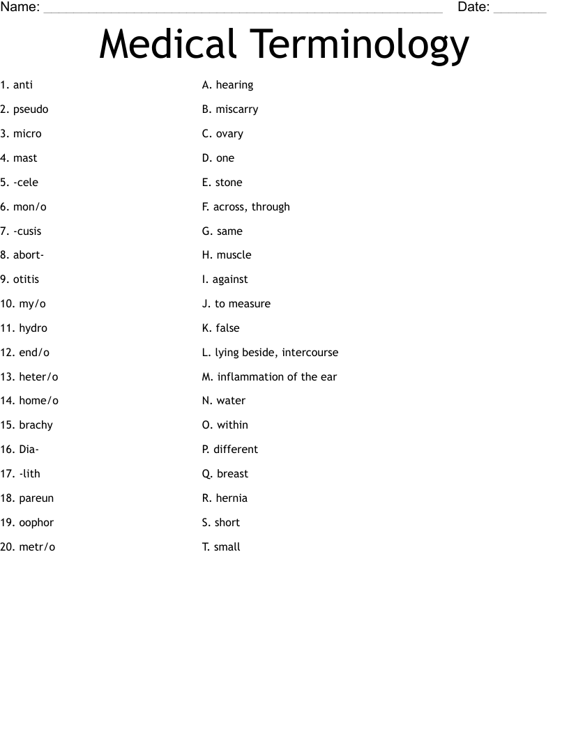 Medical Terminology Worksheet