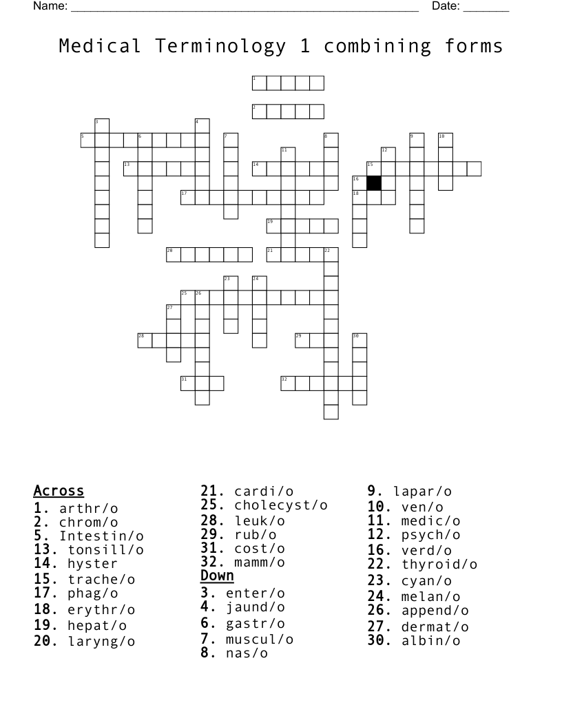 Medical Terminology 1 combining forms Crossword