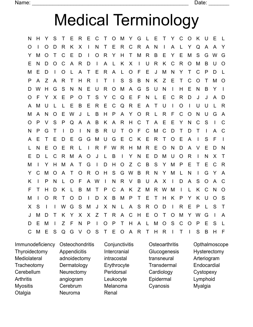Medical Terminology Word Search