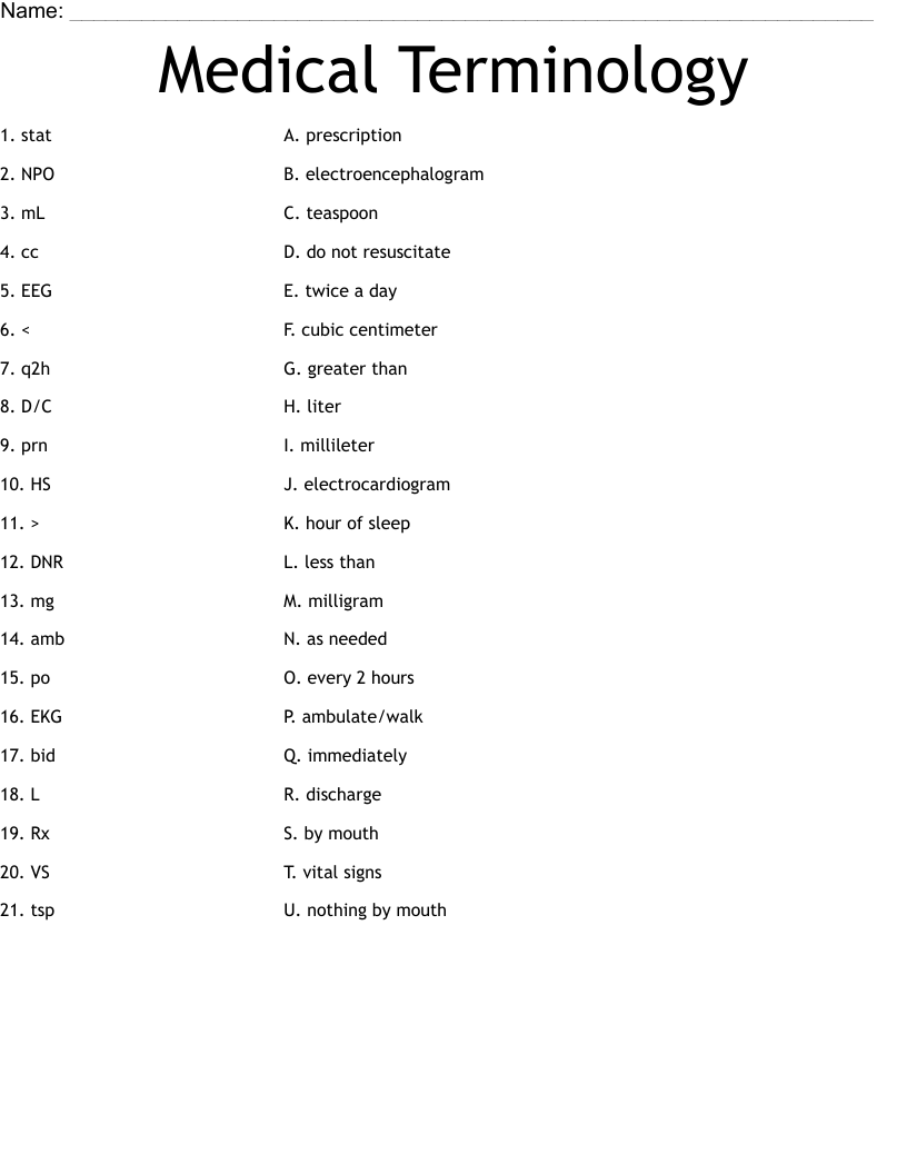 Medical Terminology Worksheet