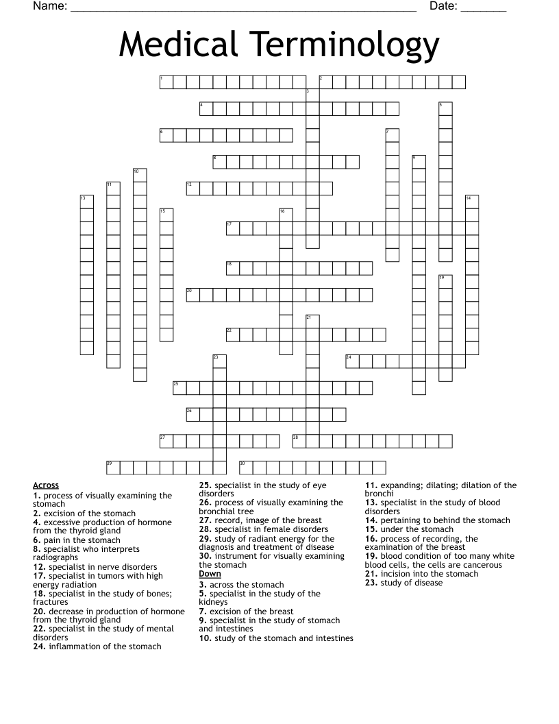 Medical Terminology Crossword