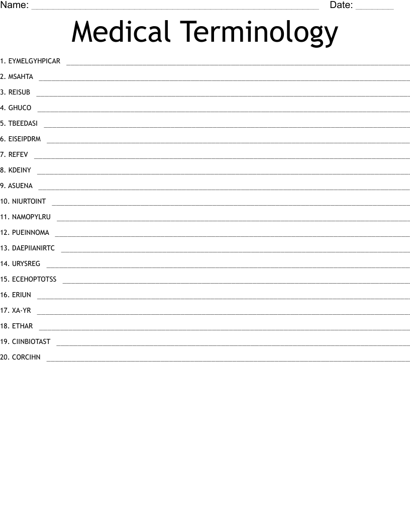 Medical Terminology Word Scramble