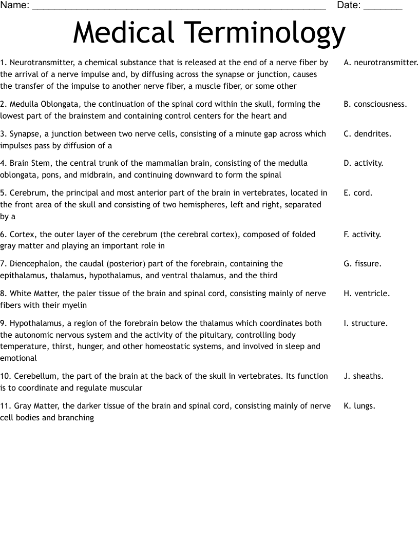 Medical Terminology Worksheet