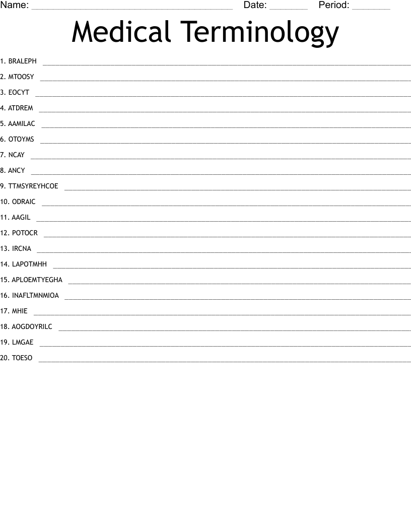 Medical Terminology Word Scramble