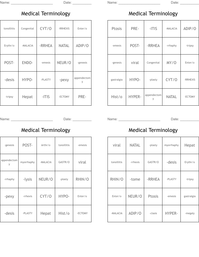 Medical Terminology Bingo Cards