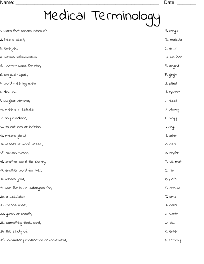 Medical Terminology Worksheet