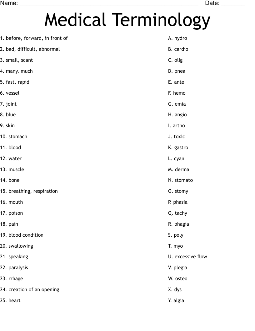 Medical Terminology Worksheet
