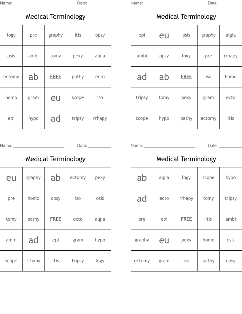Medical Terminology Bingo Cards