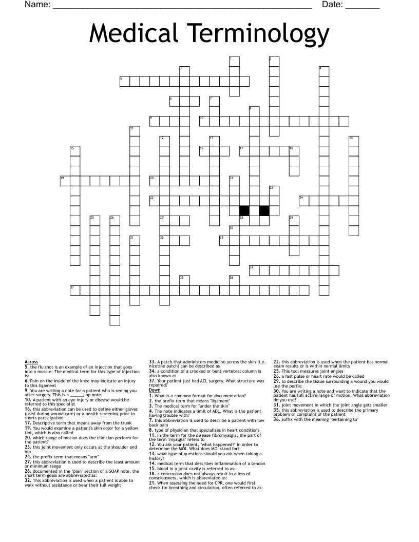 Medical Terminology Crossword