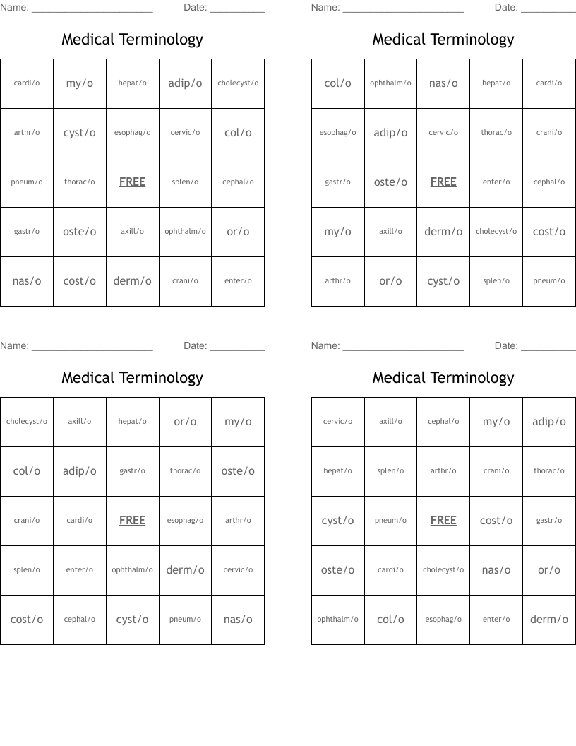 Medical Terminology Bingo Cards