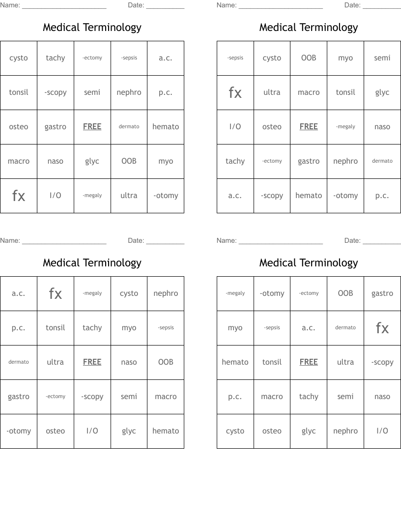 Medical Terminology Bingo Cards