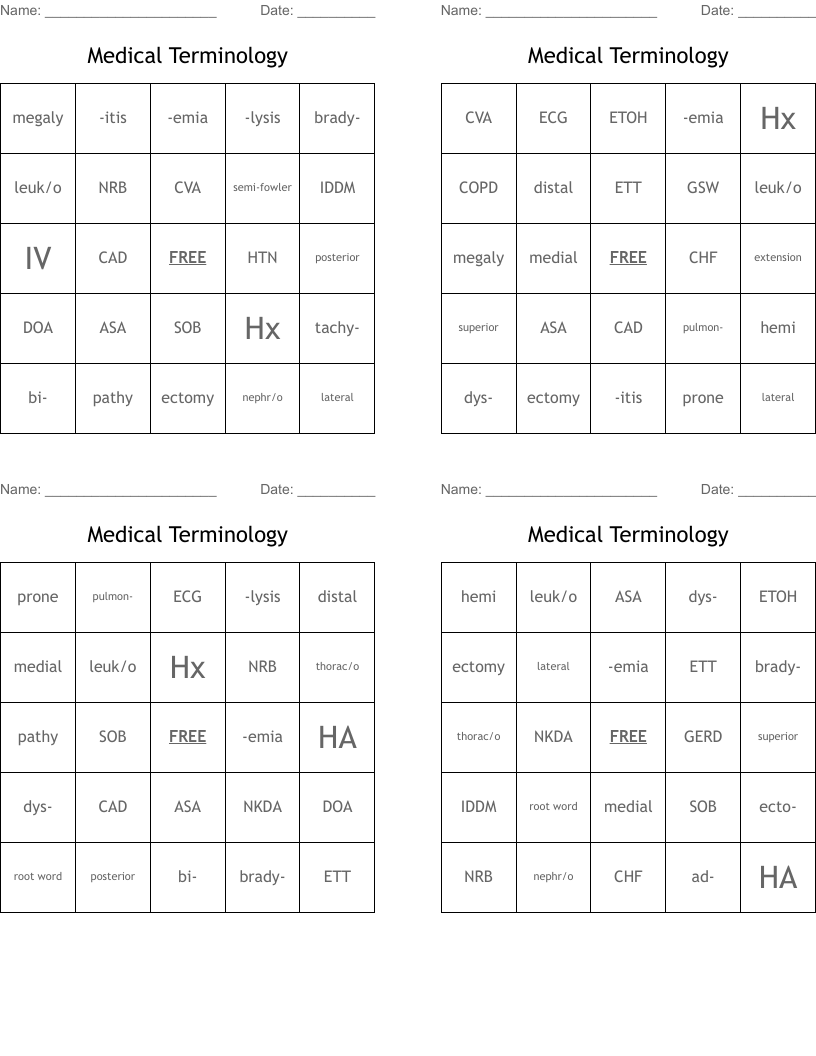 Medical Terminology Bingo Cards