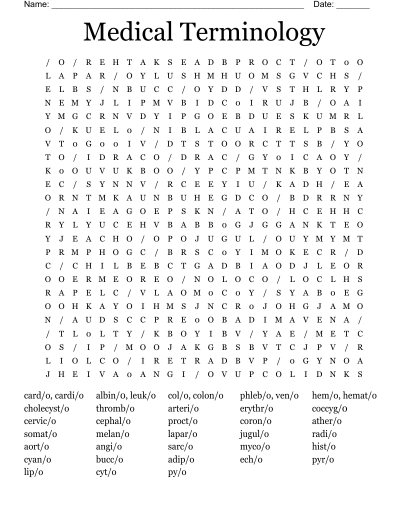 Medical Terminology Word Search