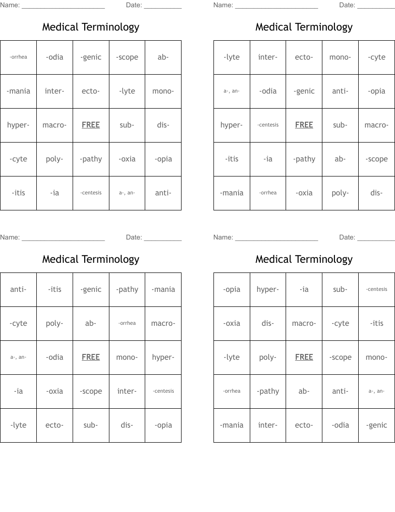 Medical Terminology Bingo Cards