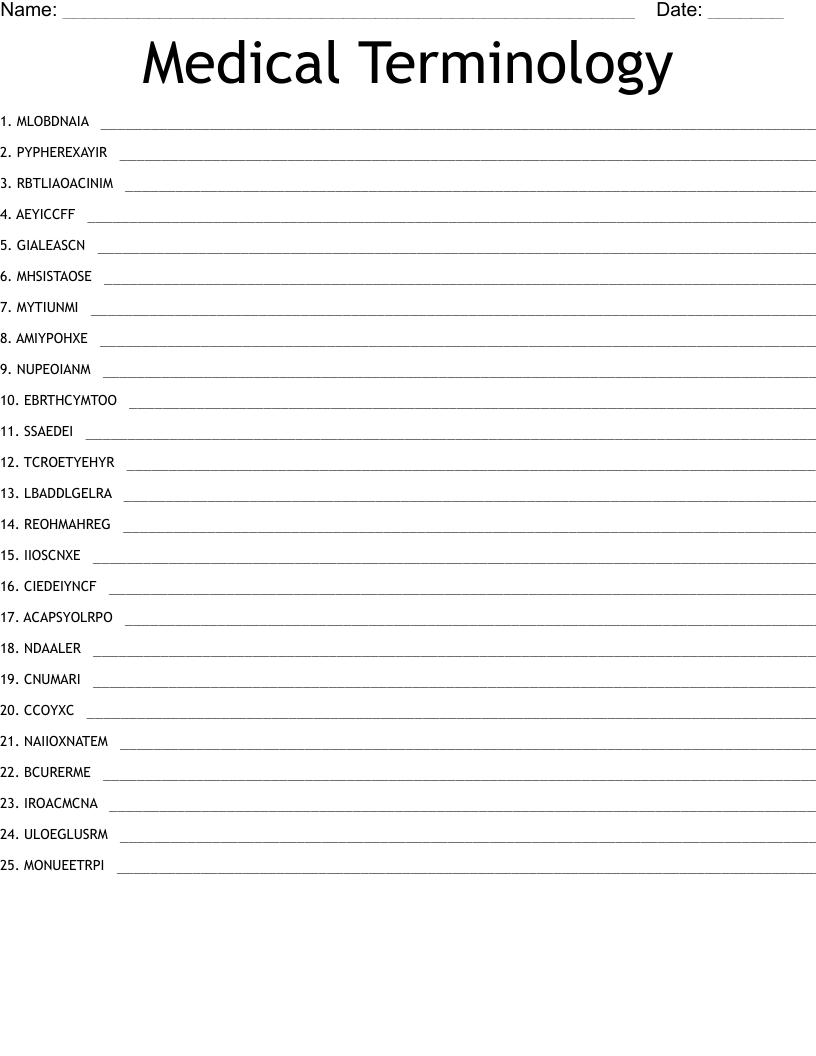 Medical Terminology Word Scramble
