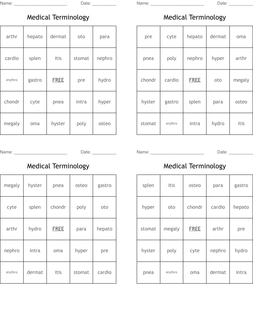 Medical Terminology Bingo Cards