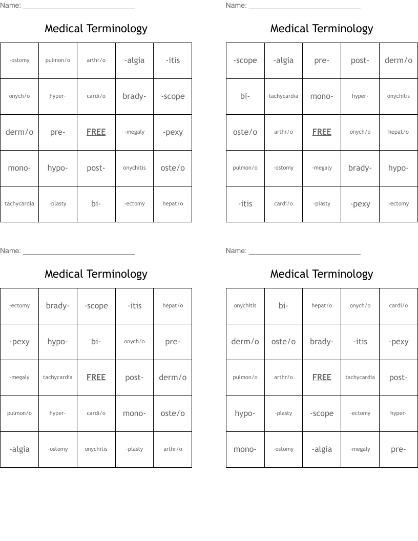 Medical Terminology Bingo Cards