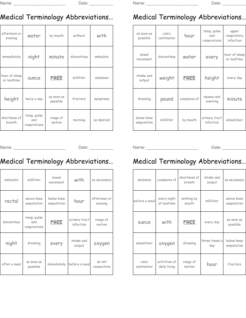 Medical Terminology Abbreviations TERMS  Bingo Cards