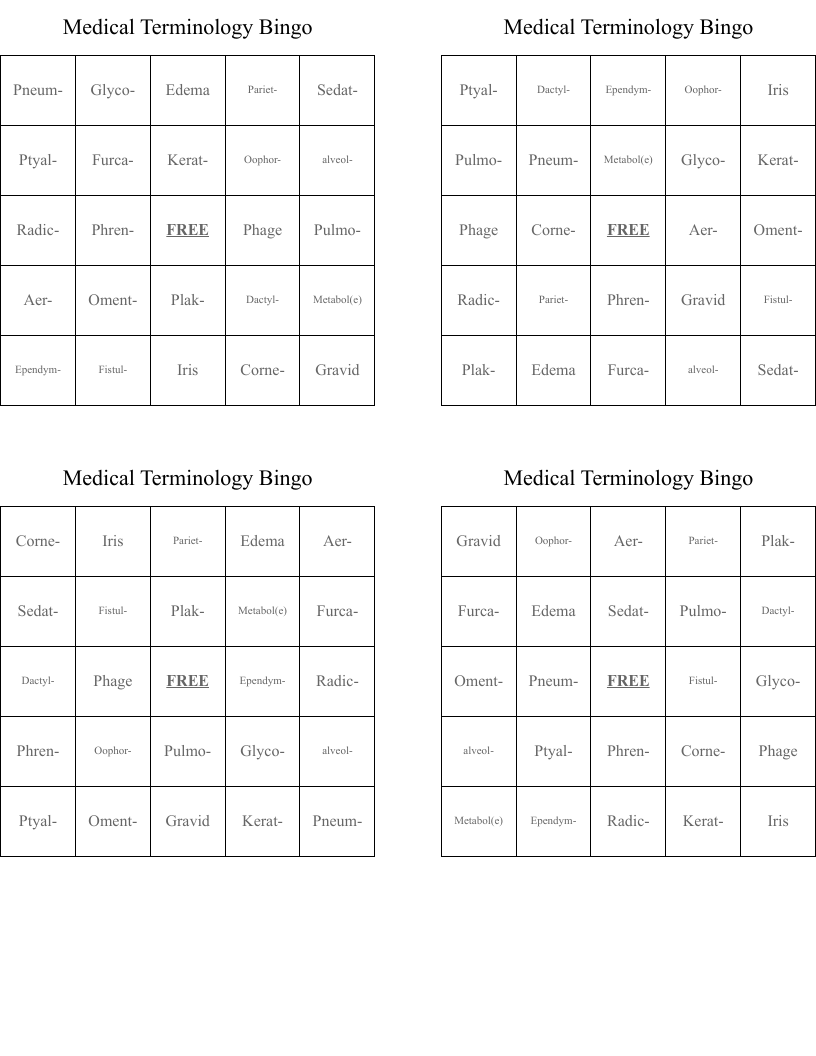 Medical Terminology Bingo