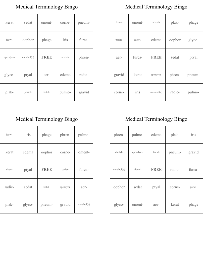 Medical Terminology Bingo