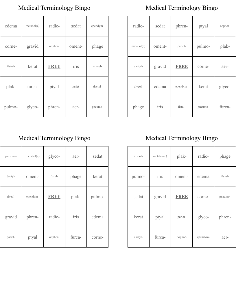 Medical Terminology Bingo